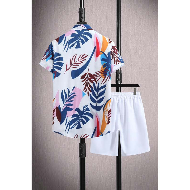 Men's Casual Ice Silk Micro-elastic Printed Short-sleeved Shirt Shorts Suit