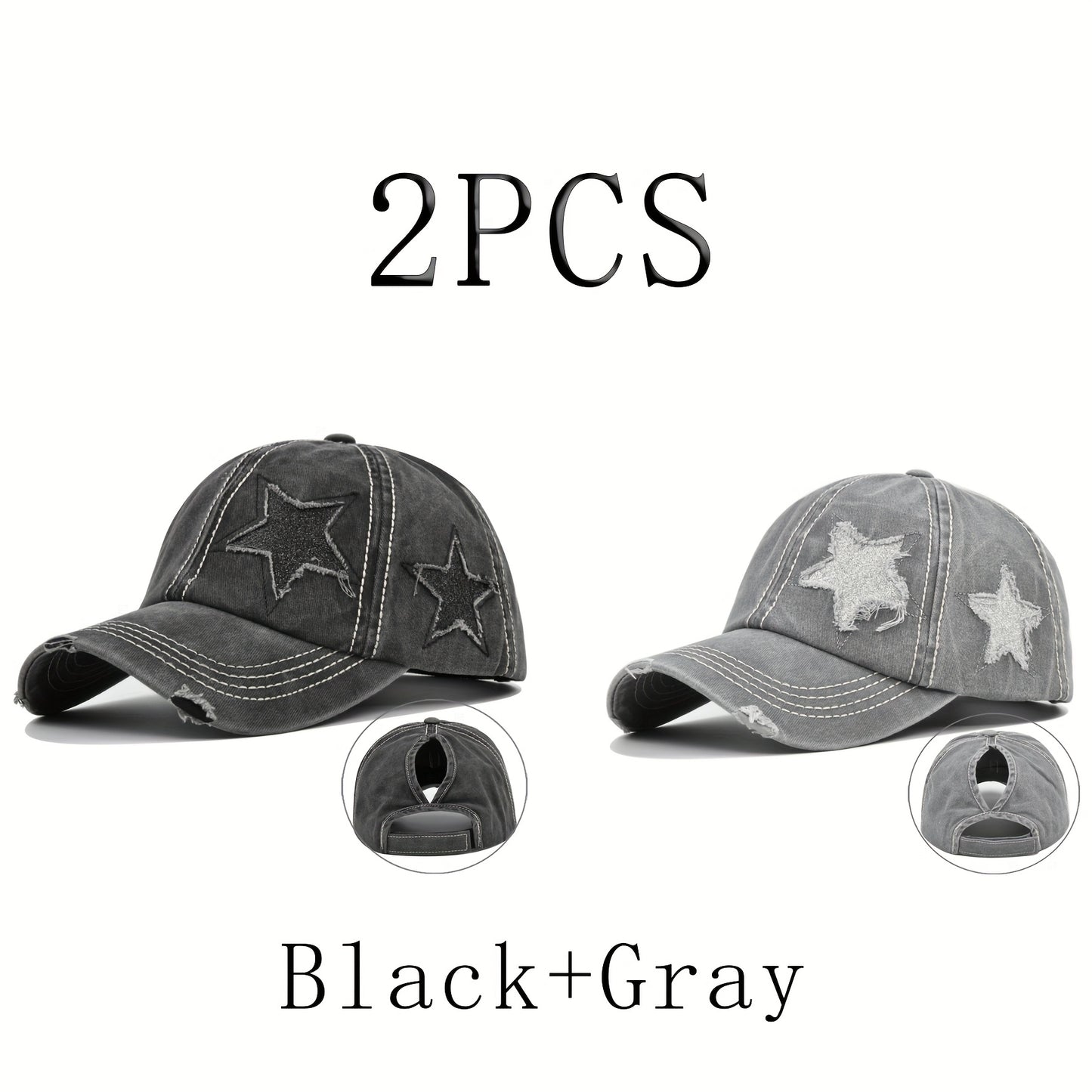 2pcs Women's Distressed Denim Baseball Caps with Ponytail Hole - Navy Blue & Black, Reflective Star Design, Breathable Polyester, Adjustable Fit for All-Season Style