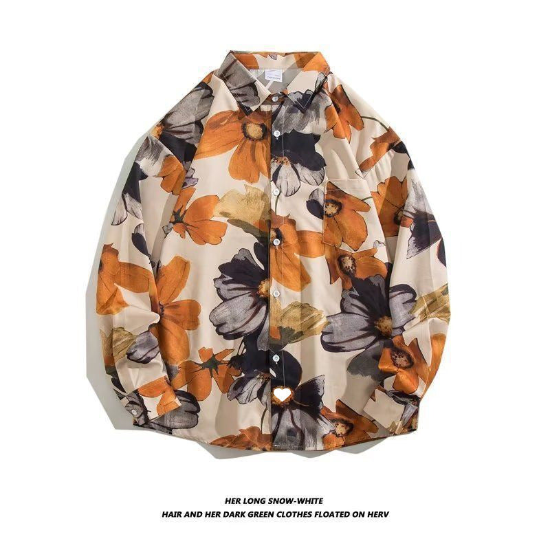 Men's Loose Hong Kong Style Retro Long Sleeve Printed Shirt