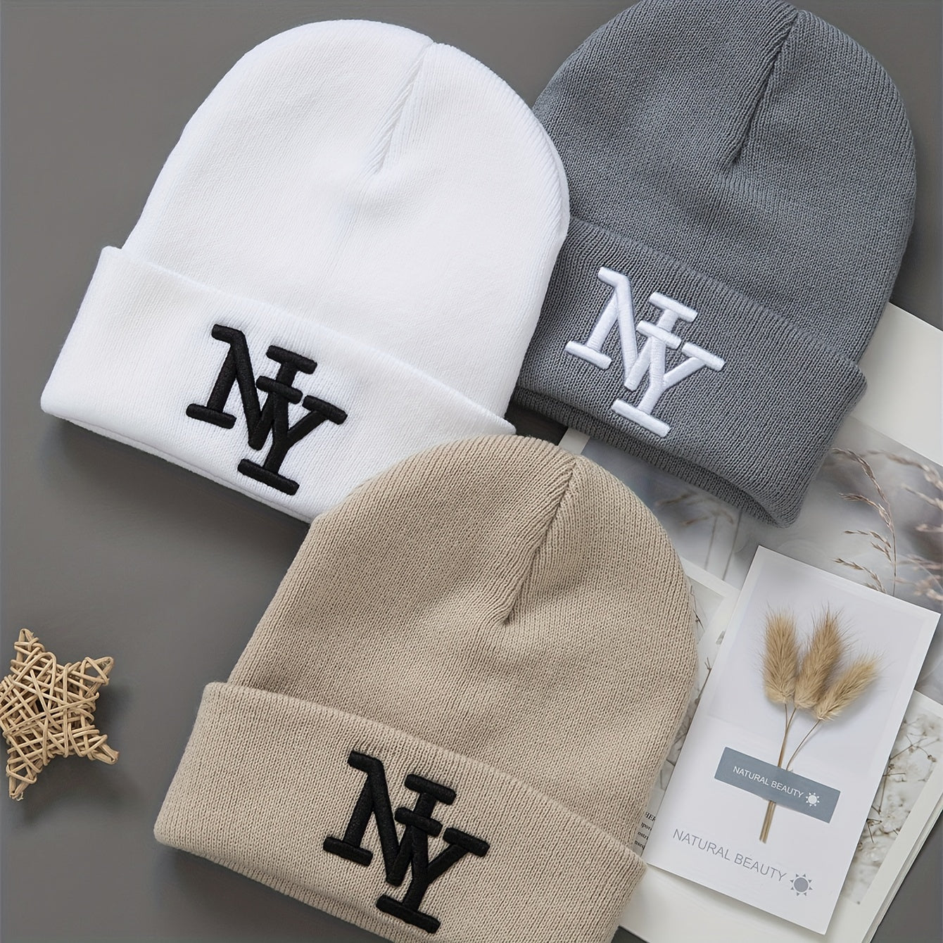 3-Pack Unisex Winter Beanie Hats, Solid Color Knitted Warm Outdoor Caps with Embroidered NY Logo, Hand Washable, Black
