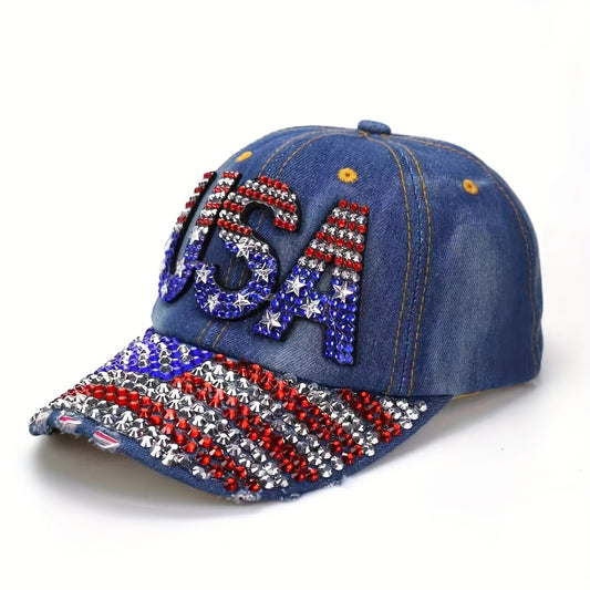 Rhinestone  American Flag Embroidered Denim Baseball Cap, U.S.A. Patriotic Caps For Veteran's Day, July 4th Independence Day, Hats For Men&Women