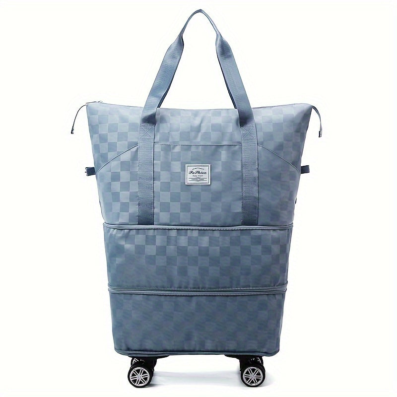 Versatile Expandable Travel Bag with Wheels - Large Capacity, Foldable Nylon Luggage in Checkered Design, Dry/Wet Separation, Fits Trolley Cases, with Adjustable Straps for Sports, Fitness & Moving - Available in Multiple Col