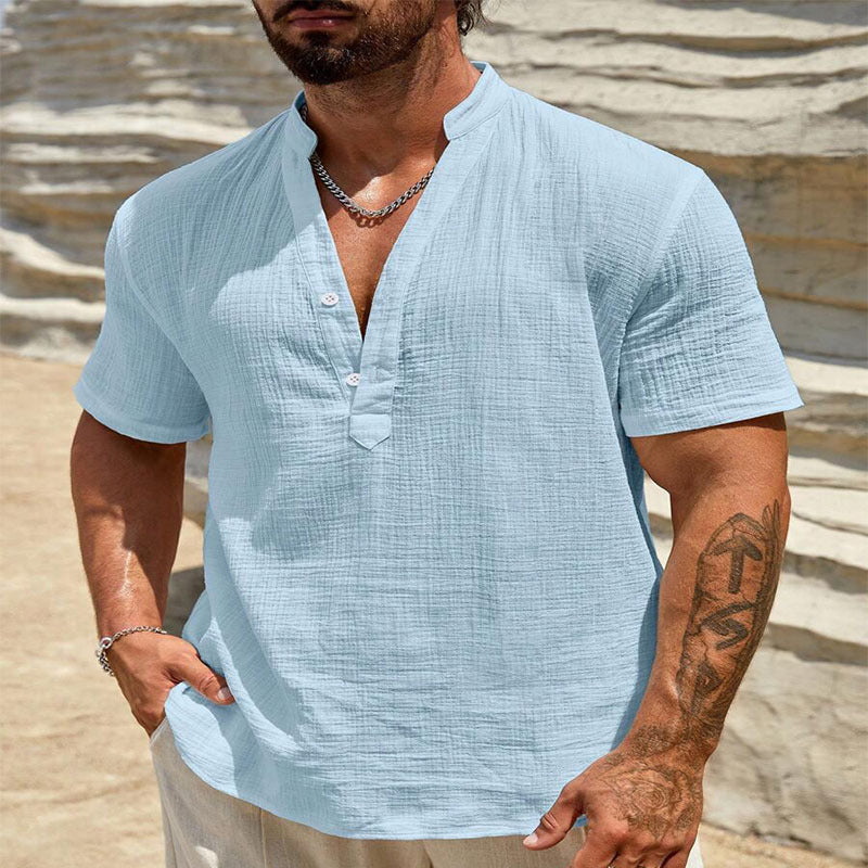 Men's Cotton And Linen Double-layer Solid Color Cuban Collar Short Sleeve Shirt