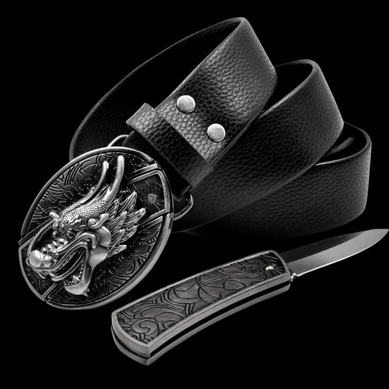 Men's Leather Smooth Buckle Belt Knife