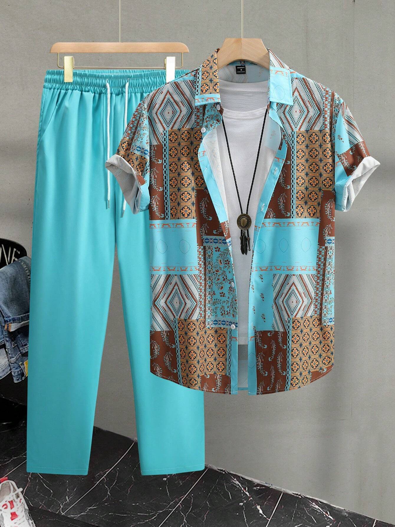 Casual Ethnic Style Short Sleeve Shirt Trousers Suit
