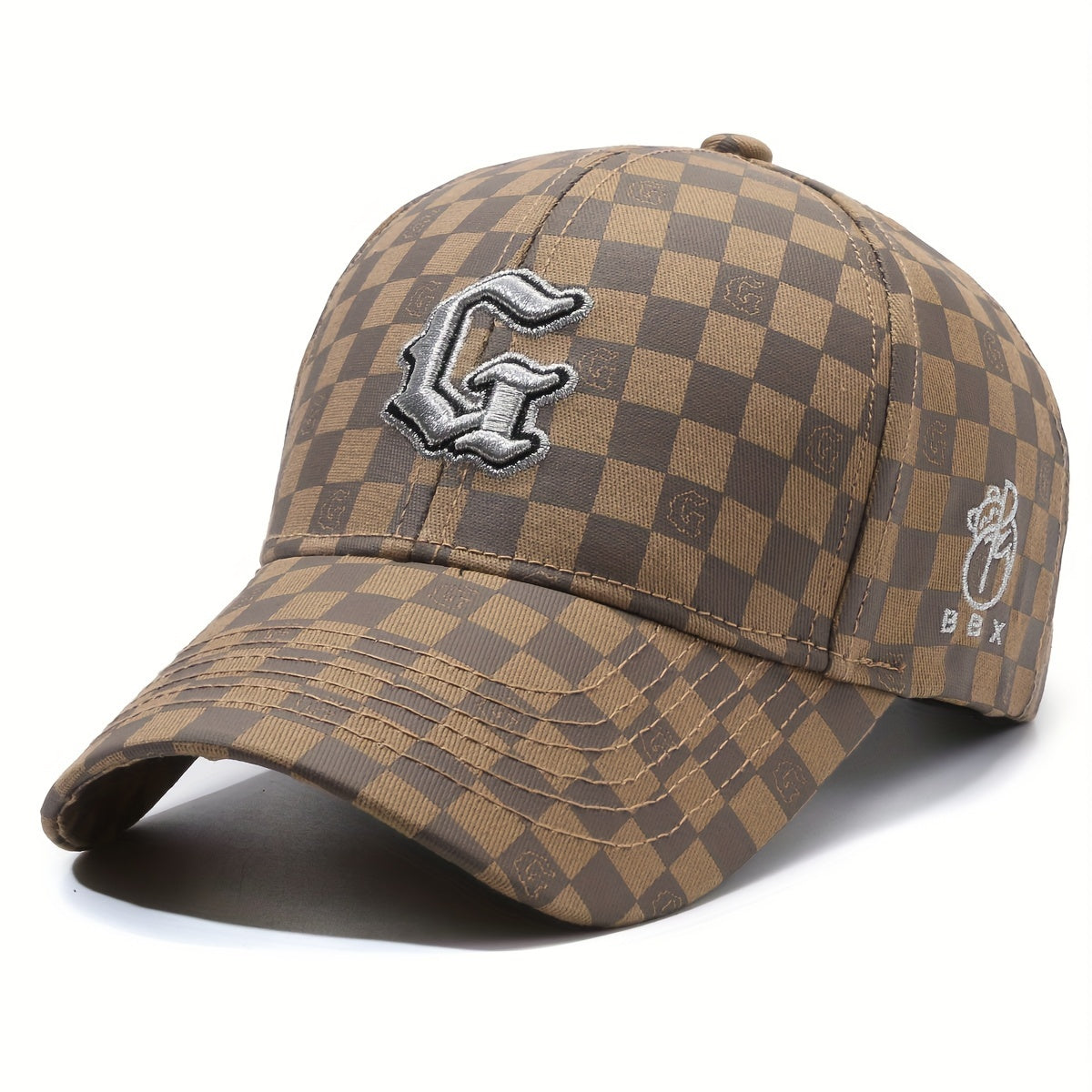 Trendy Gothic Curved Brim Baseball Cap - Baseball Caps with Embroidery Letter G, Checkered Pattern, Snapback Design for Casual Leisure Outdoor Sports
