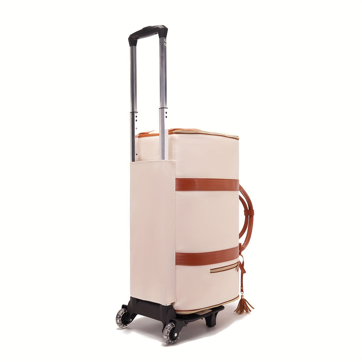 Chic Tassel Faux Leather Suitcase with Retractable Wheels & Shoulder Strap - Versatile Travel Luggage in Cream